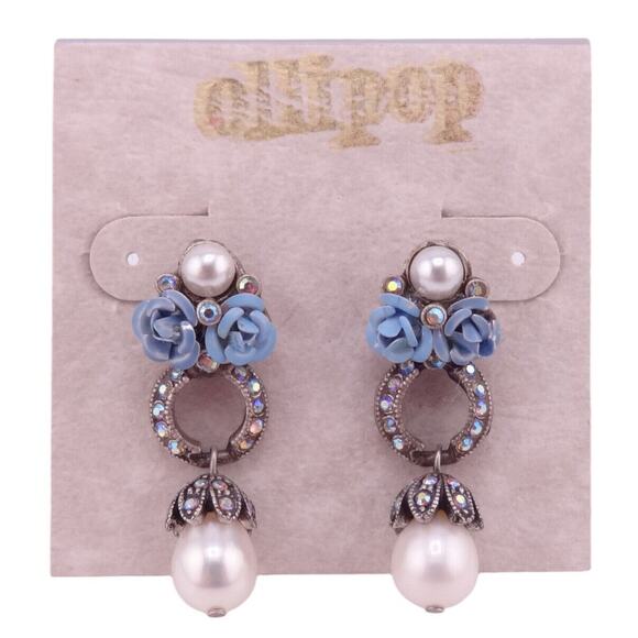 Ollipop by Sweet Romance Baby Blue Roses & Faux Pearls Silver Post Earrings NEW - Picture 1 of 2